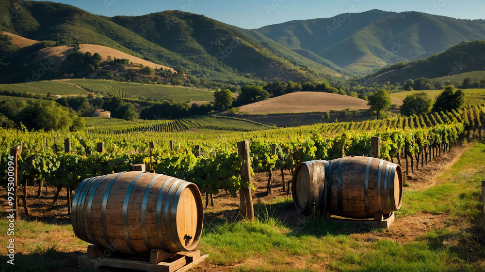 Rustic vineyard with wooden barrels and a scenic backdrop of hills Rustic vineyard with wooden barrels and a scenic backdrop of hills