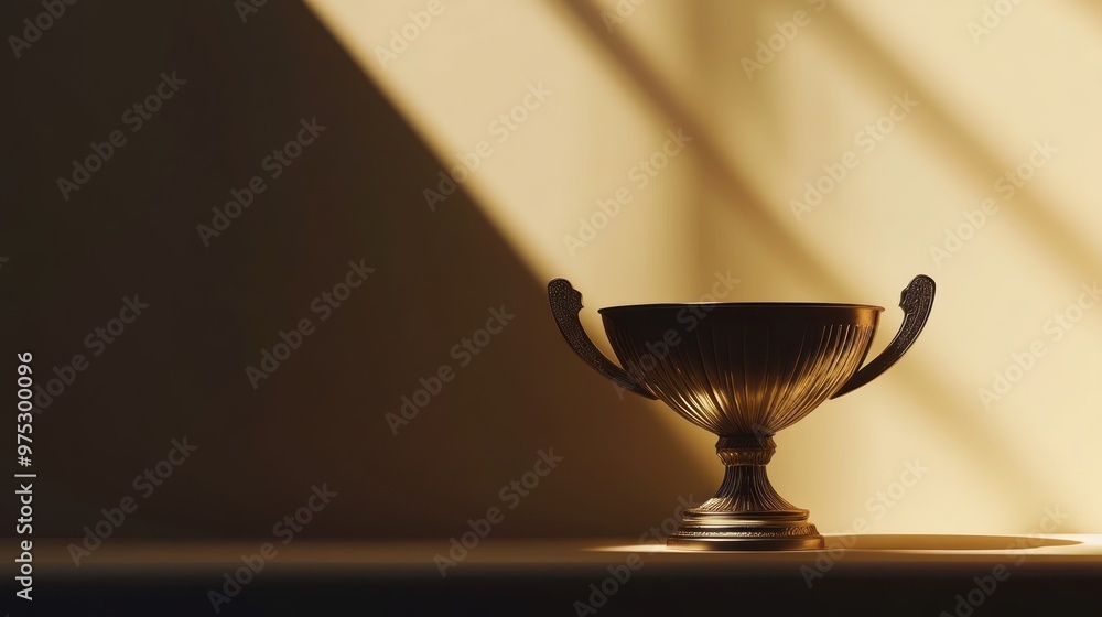 Golden trophy cup on a table with light shining on it. Golden trophy cup on a table with light shining on it.