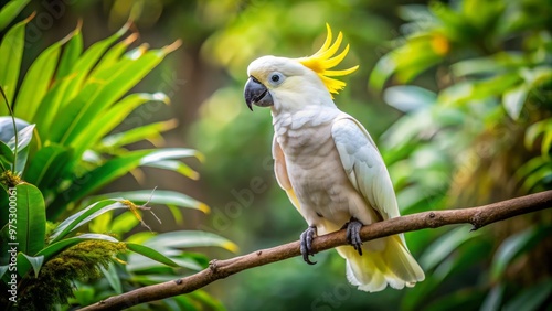 A striking white parrot with a vibrant yellow crest sits quietly on a sturdy tree branch, surrounded by photo