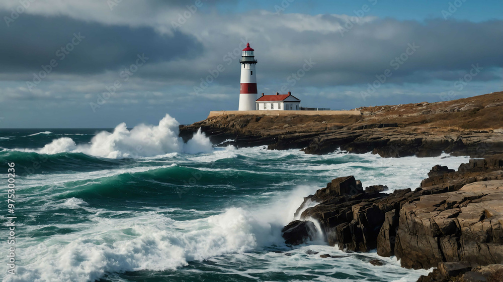 Obraz premium Scenic coastal lighthouse on a rocky shore with waves crashing below