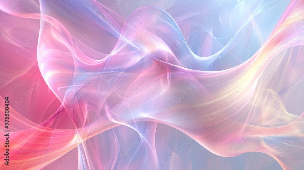 Fototapeta premium Abstract light pink, blue and yellow wavy lines background.