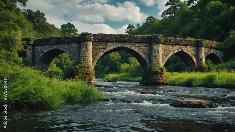 Scenic riverbank with old stone bridge and lush greenery Scenic riverbank with old stone bridge and lush greenery