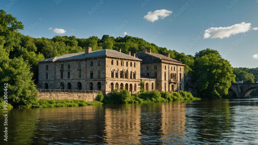 Scenic riverfront with old stone buildings and lush greenery Scenic riverfront with old stone buildings and lush greenery
