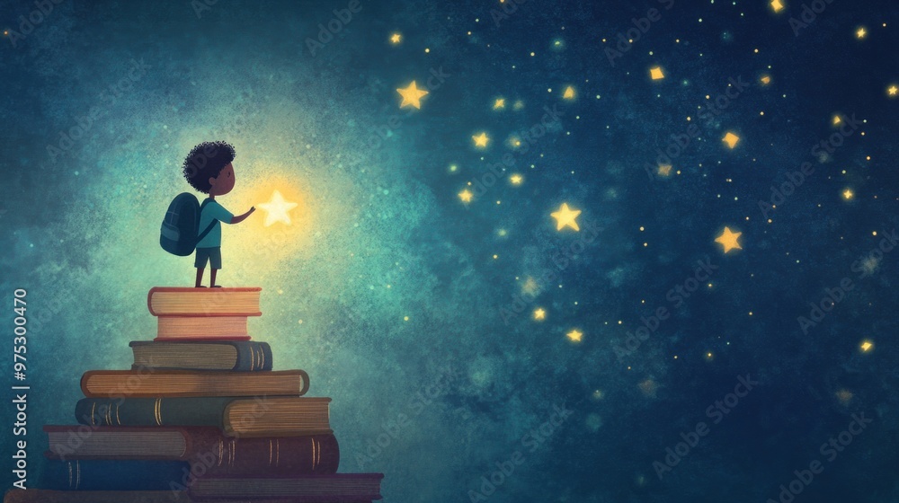 Afro boy climbing book stairs to reach the stars, embodying the pursuit of knowledge and dreams. Afro boy climbing book stairs to reach the stars, embodying the pursuit of knowledge and dreams.