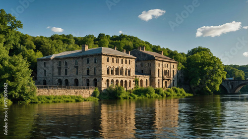 Scenic riverfront with old stone buildings and lush greenery