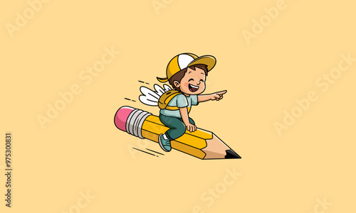 Happy boy flying on a pencil with wings, creative imagination.