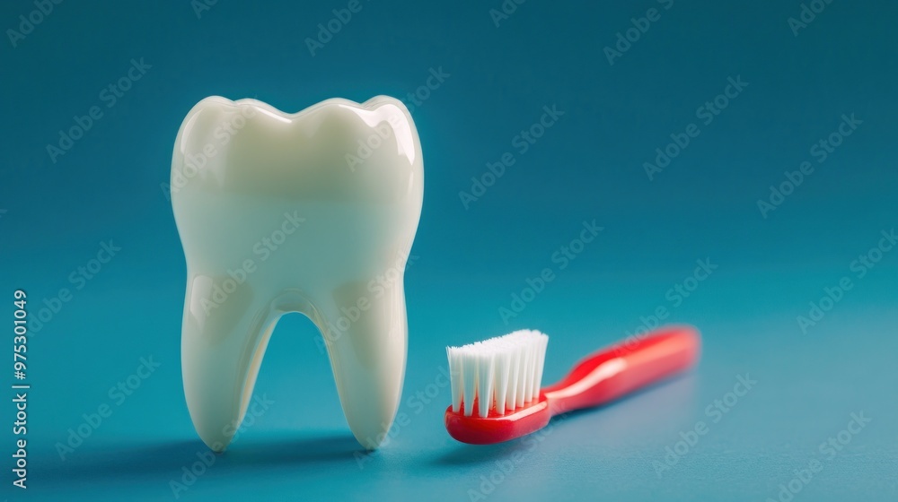 A large white tooth model and a red toothbrush on a blue background. A large white tooth model and a red toothbrush on a blue background.