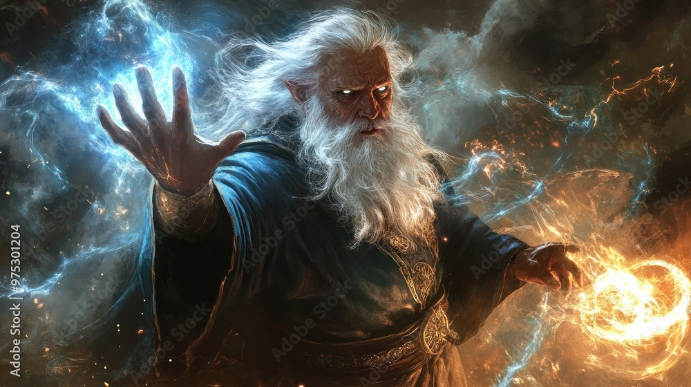 Obraz premium An old wizard with long white hair and beard, casting magic spells with both hands. He is wearing a long blue robe with golden trim. He is surrounded by swirling energy in blue and orange.