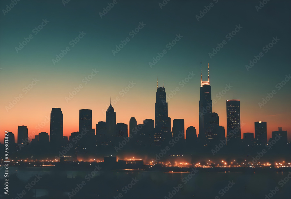 Fototapeta premium a city skyline with a sunset in the background