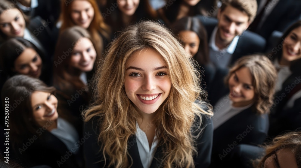 Young woman smiling surrounded by a group of people. Young woman smiling surrounded by a group of people.