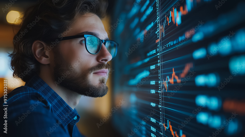 A man wearing glasses is looking at a computer screen with a lot of numbers and graphs. Concept of focus and concentration as the man studies the data displayed on the screen A man wearing glasses is looking at a computer screen with a lot of numbers and graphs. Concept of focus and concentration as the man studies the data displayed on the screen