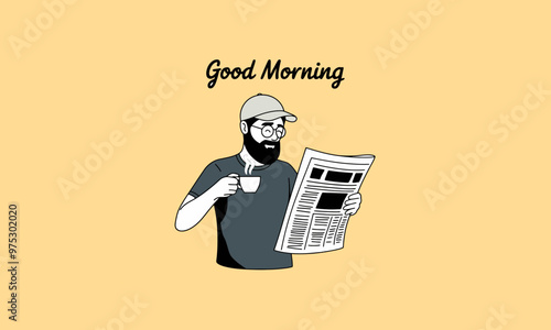 Man reading newspaper with coffee, morning routine.