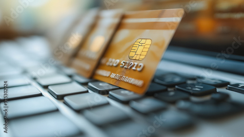 A credit card is displayed on a laptop keyboard. The card is gold photo