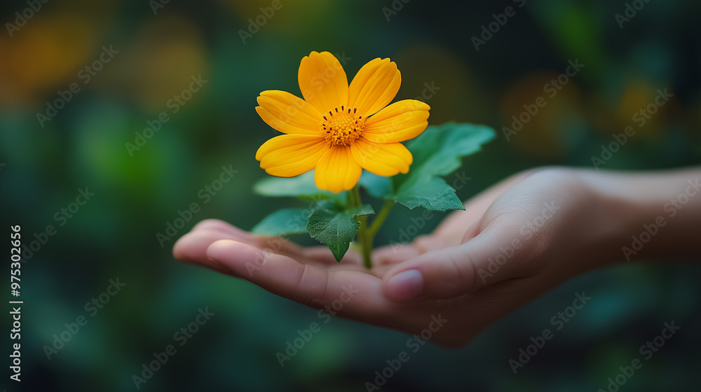 A hand holding a yellow flower. The hand is holding the flower in a way that it looks like it is being held up to the camera A hand holding a yellow flower. The hand is holding the flower in a way that it looks like it is being held up to the camera