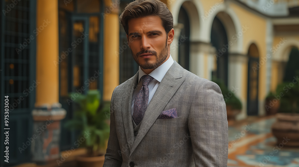A man in a suit and tie stands in front of a building. He is wearing a tie and a pocket square A man in a suit and tie stands in front of a building. He is wearing a tie and a pocket square