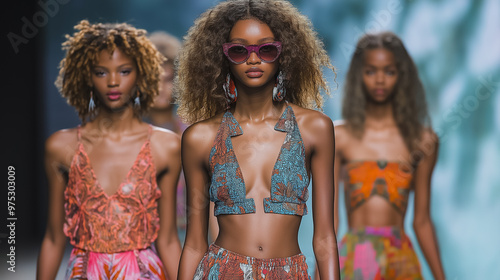 A group of women are walking down a runway wearing colorful outfits. Scene is lively and vibrant, with the women's colorful clothing and accessories adding to the overall energy of the scene photo