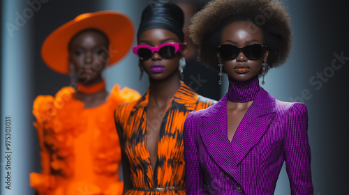 Three women are walking down a runway wearing colorful outfits and sunglasses. Scene is lively and energetic, as the women are dressed in bright colors and are posing for the camera