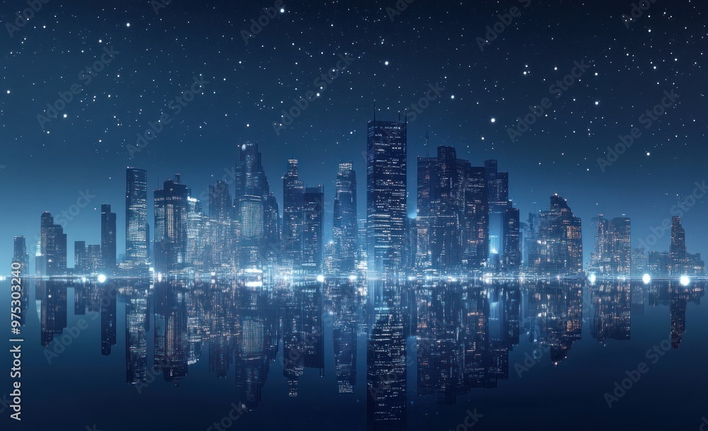 Nighttime Cityscape with Starry Sky Reflection Nighttime Cityscape with Starry Sky Reflection