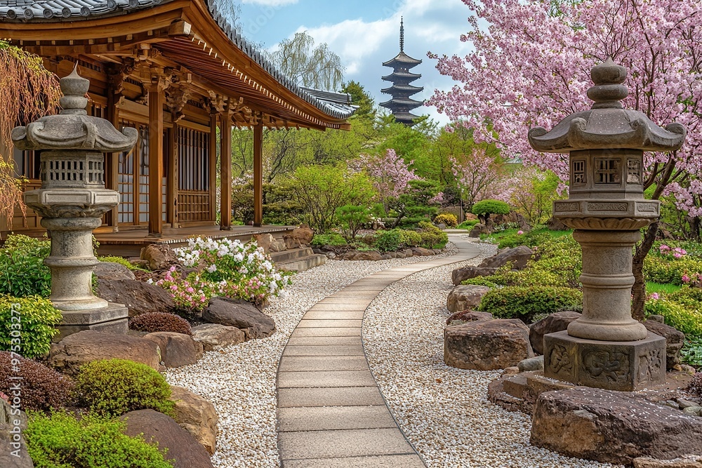 Photo of a Japanese garden with stone lanterns and cherry blossoms Photo of a Japanese garden with stone lanterns and cherry blossoms