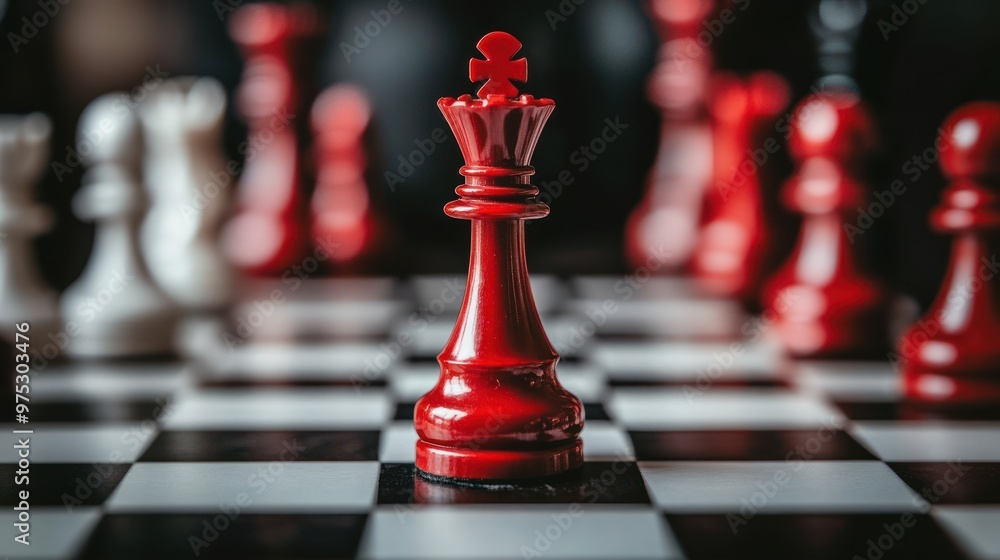 Red Chess King Piece on a Black and White Checkerboard. Red Chess King Piece on a Black and White Checkerboard.