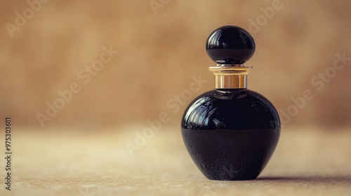 Close-up of a black glass perfume bottle with a gold lid on a beige textured background.