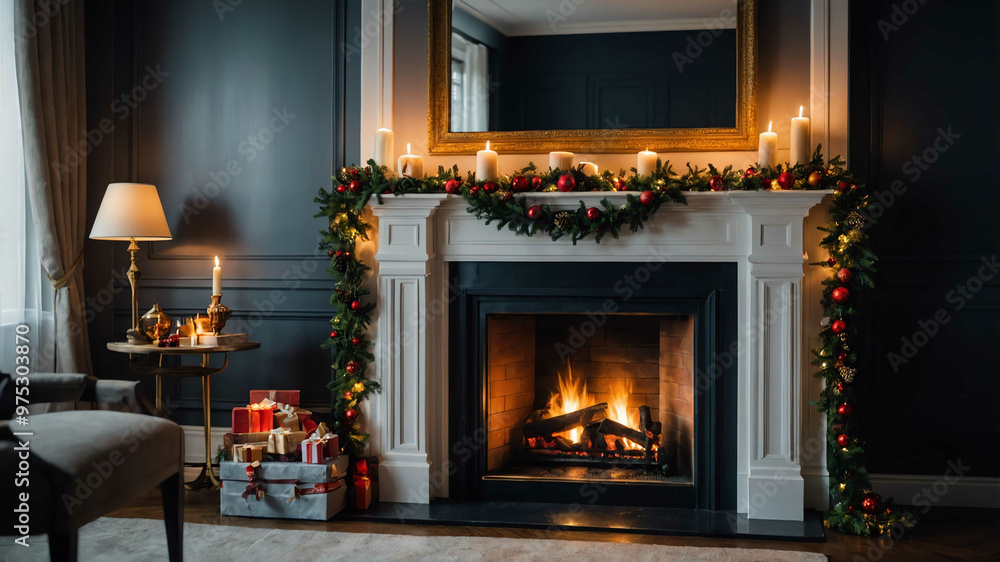 Christmas mantle decorated with garlands and stockings by a roaring fire Christmas mantle decorated with garlands and stockings by a roaring fire