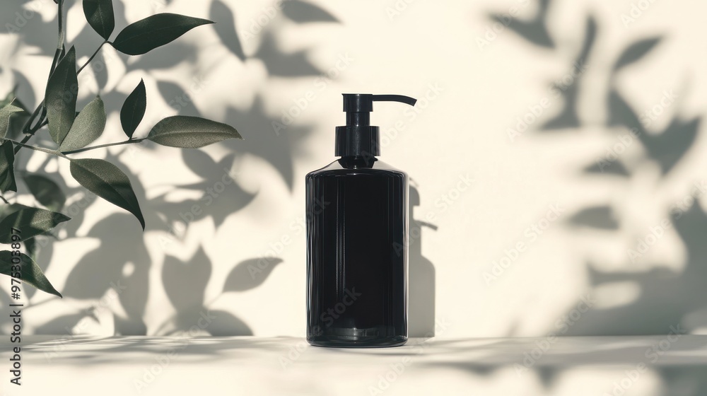 Black bottle with pump dispenser on a white surface with green leaves and their shadows. Black bottle with pump dispenser on a white surface with green leaves and their shadows.