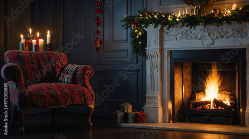 Christmas mantle decorated with garlands and stockings by a roaring fire