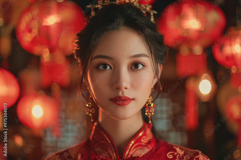 In the evening, Chinese New Year, young women on the streets In the evening, Chinese New Year, young women on the streets