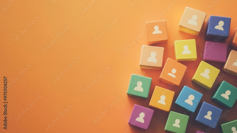 Colorful Wooden Blocks with White Person Symbols on Orange Background. Colorful Wooden Blocks with White Person Symbols on Orange Background.