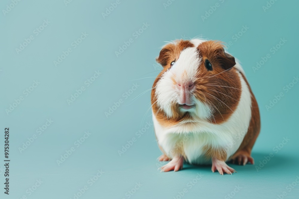 A delightful guinea pig with brown and white patches poses on a soft blue background under studio lighting A delightful guinea pig with brown and white patches poses on a soft blue background under studio lighting