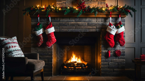 Christmas stockings hung by the fireplace with holiday lights glowing