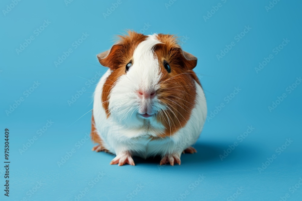 Cute brown and white guinea pig sitting against a blue backdrop, captured in studio lighting for an adorable look Cute brown and white guinea pig sitting against a blue backdrop, captured in studio lighting for an adorable look