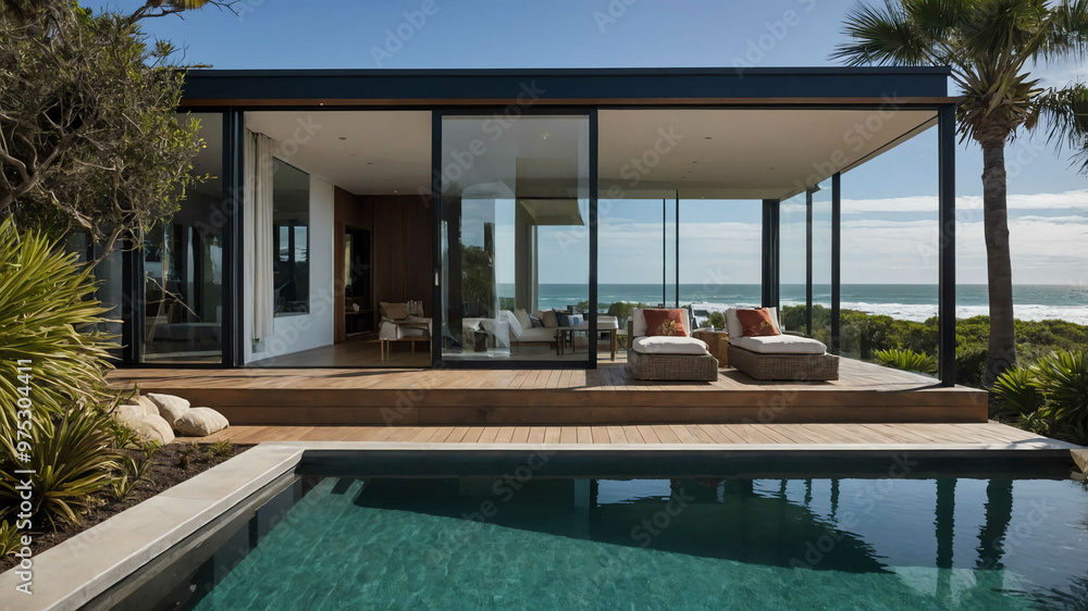 Fototapeta premium Coastal retreat with an open plan design and floor to ceiling windows