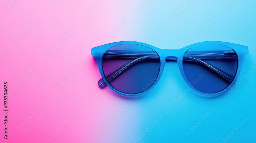 Blue sunglasses on a pink and blue background. Blue sunglasses on a pink and blue background.