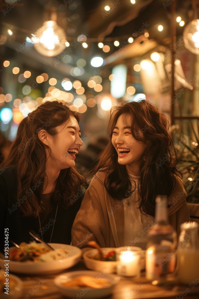 In the evening, two young women were having a dinner on the street In the evening, two young women were having a dinner on the street