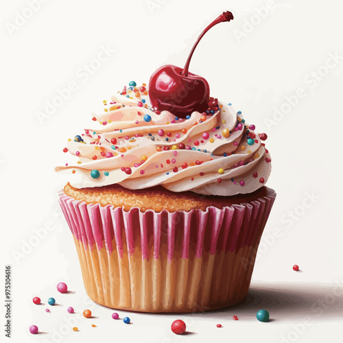 Cupcake with cherry isolated on white background. Vector illustration.