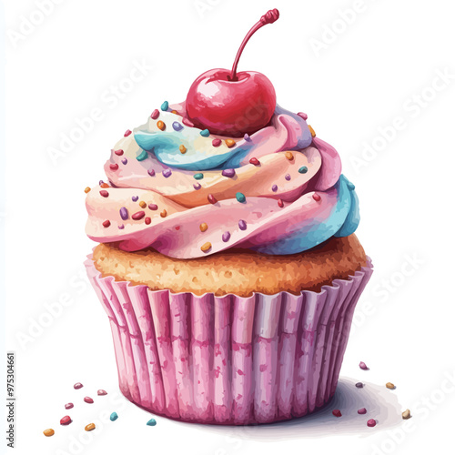 Cupcake with cherry isolated on white background. 3d illustration