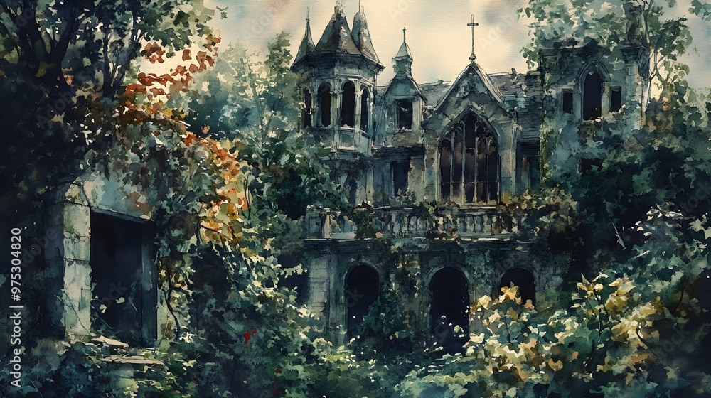 Obraz premium A haunting watercolor depiction of a dilapidated mansion with shattered windows and a neglected garden overtaken by wild, overgrown plants. The mansion’s weathered, gothic architecture and the 
