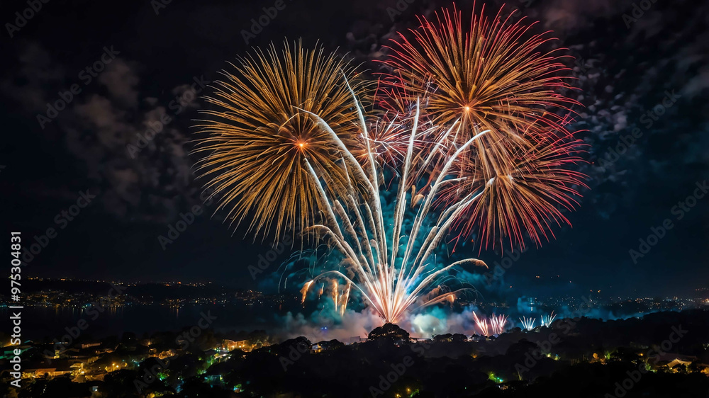 festive new year eve celebration fireworks in the night skyline festive new year eve celebration fireworks in the night skyline