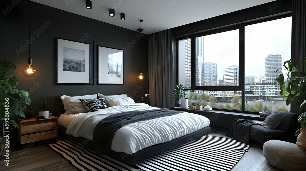 Modern bedroom with black walls, white bedding, a large window with a city view, and a black and white rug. Modern bedroom with black walls, white bedding, a large window with a city view, and a black and white rug.