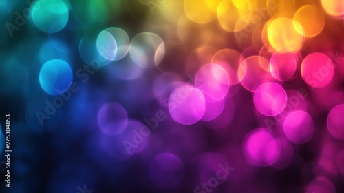 Abstract colorful bokeh lights background with blurred circles in blue, green, yellow, pink and purple shades.