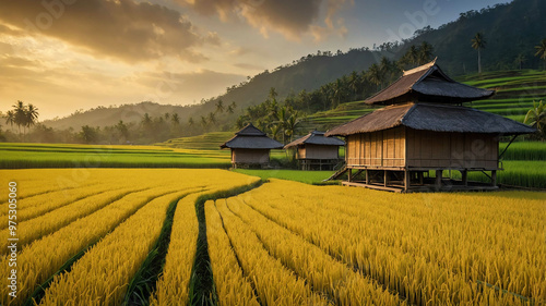 Golden rice field with a small traditional house in the distance