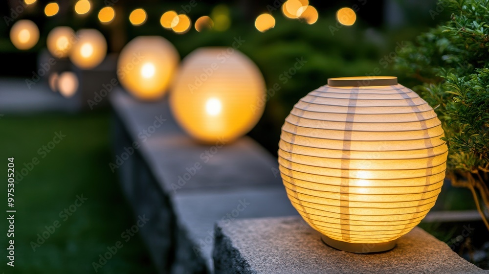 Obraz premium Warm glow of paper lanterns illuminating a serene garden pathway, creating a peaceful and enchanting evening atmosphere.