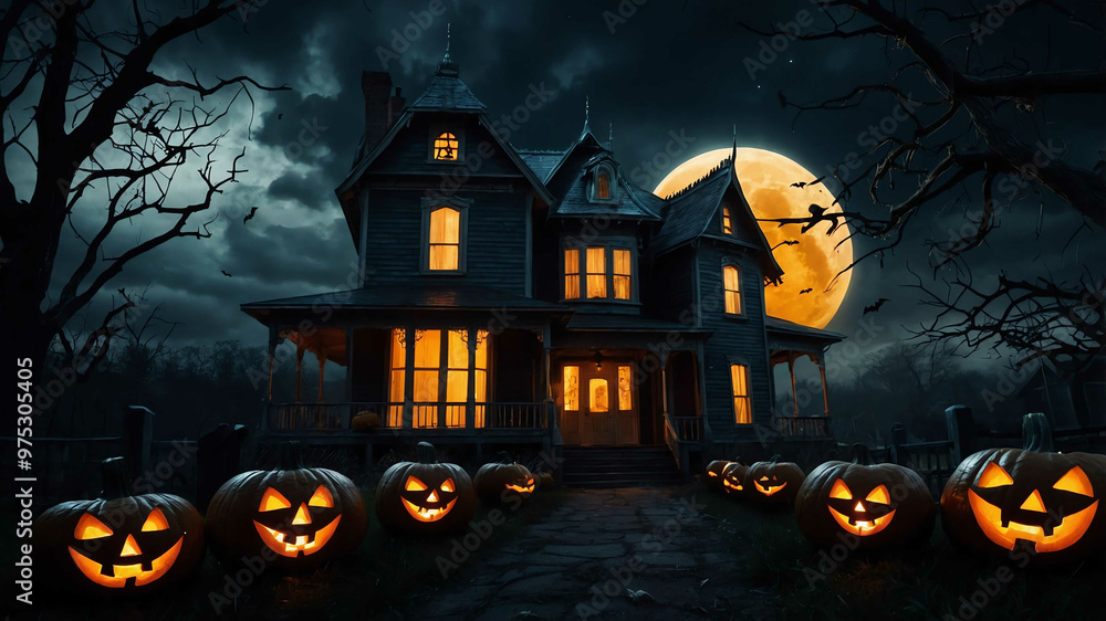 Halloween haunted house with glowing jack o lanterns and dark sky Halloween haunted house with glowing jack o lanterns and dark sky