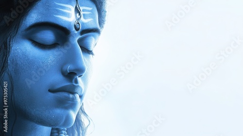 Characters close-up of Lord Shiva meditating, with his eyes half-closed and a soft glow around his forehead, radiating divine tranquility, white background  photo