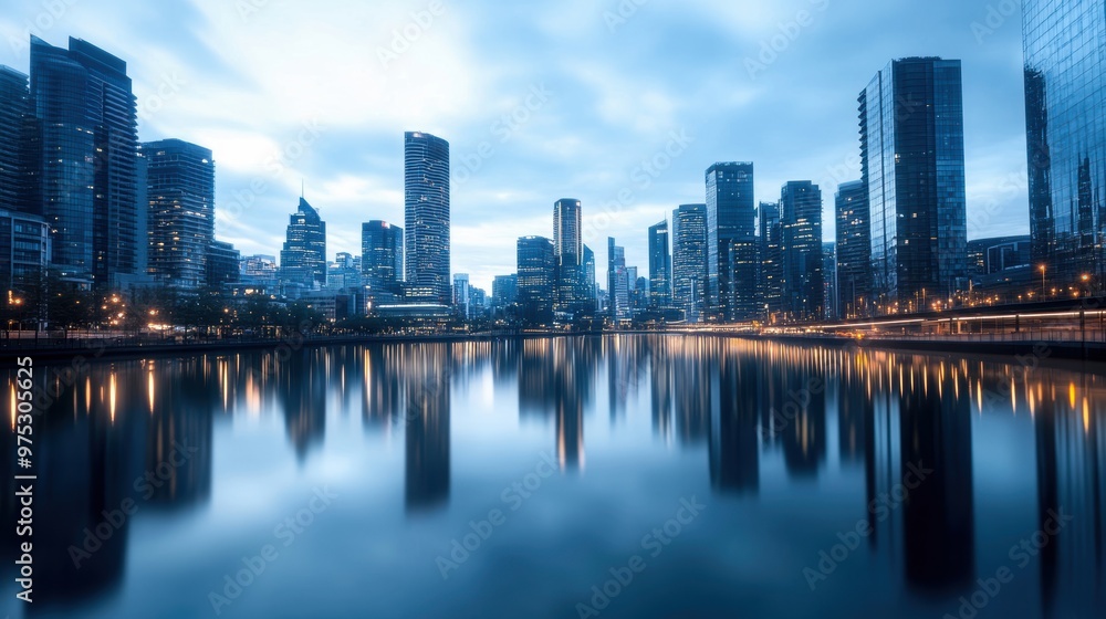 Fototapeta premium Serene cityscape reflecting on calm water, showcasing modern architecture under a twilight sky, perfect for urban-themed projects.