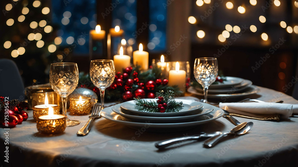 Holiday dinner table set with sparkling decorations and festive lights Holiday dinner table set with sparkling decorations and festive lights