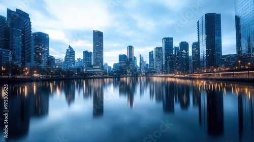 Serene cityscape reflecting on calm water, showcasing modern architecture under a twilight sky, perfect for urban-themed projects.