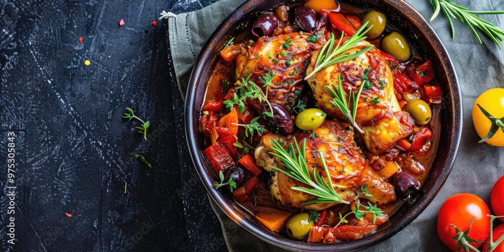 Chicken prepared in the Basque way with sweet peppers, olives, and tomatoes. Chicken prepared in the Basque way with sweet peppers, olives, and tomatoes.